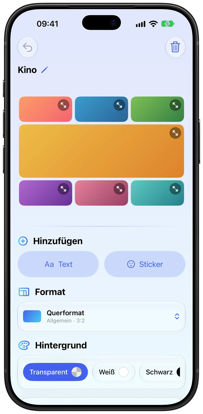 Gridium-Editor auf dem iPhone: eine Kino-Collage aus sieben Fotos mit Werkzeugen für Text, Sticker, Format und Hintergrund.