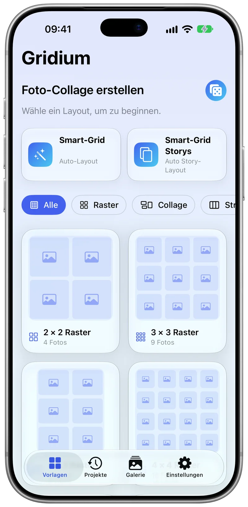 Vorlagenauswahl von Gridium auf dem iPhone mit Smart-Grid, Smart-Grid Storys, Filtern sowie 2 × 2 und 3 × 3 Raster.