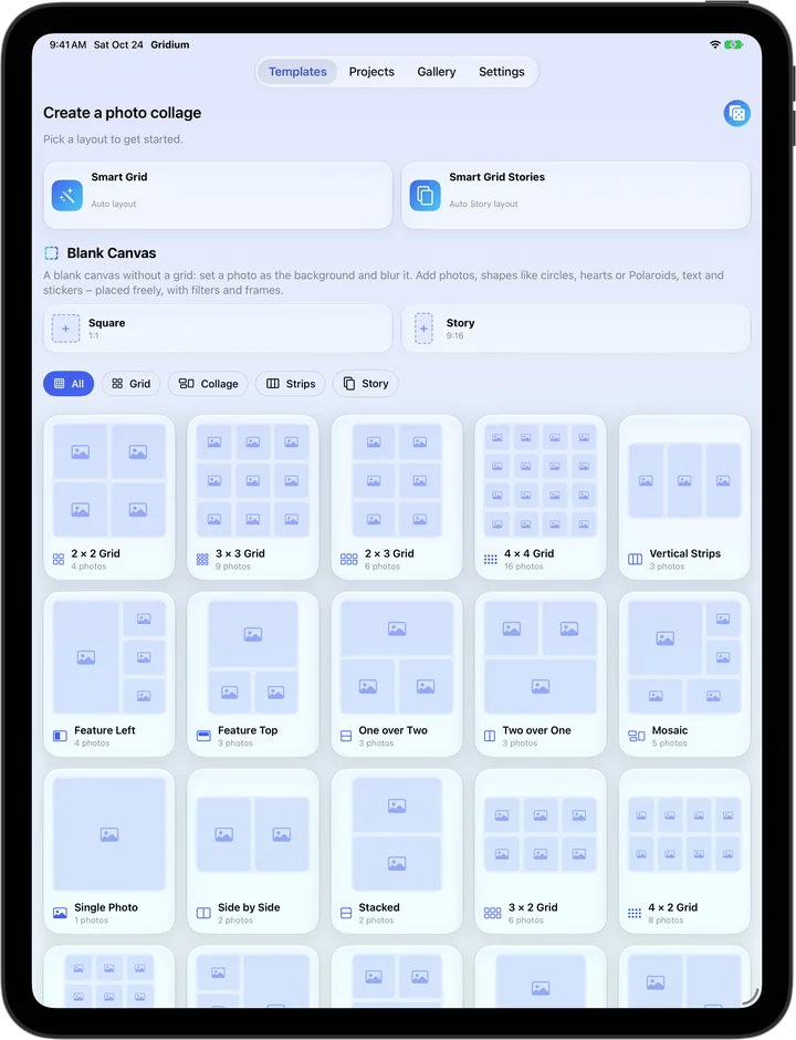 Gridium on iPad: template overview