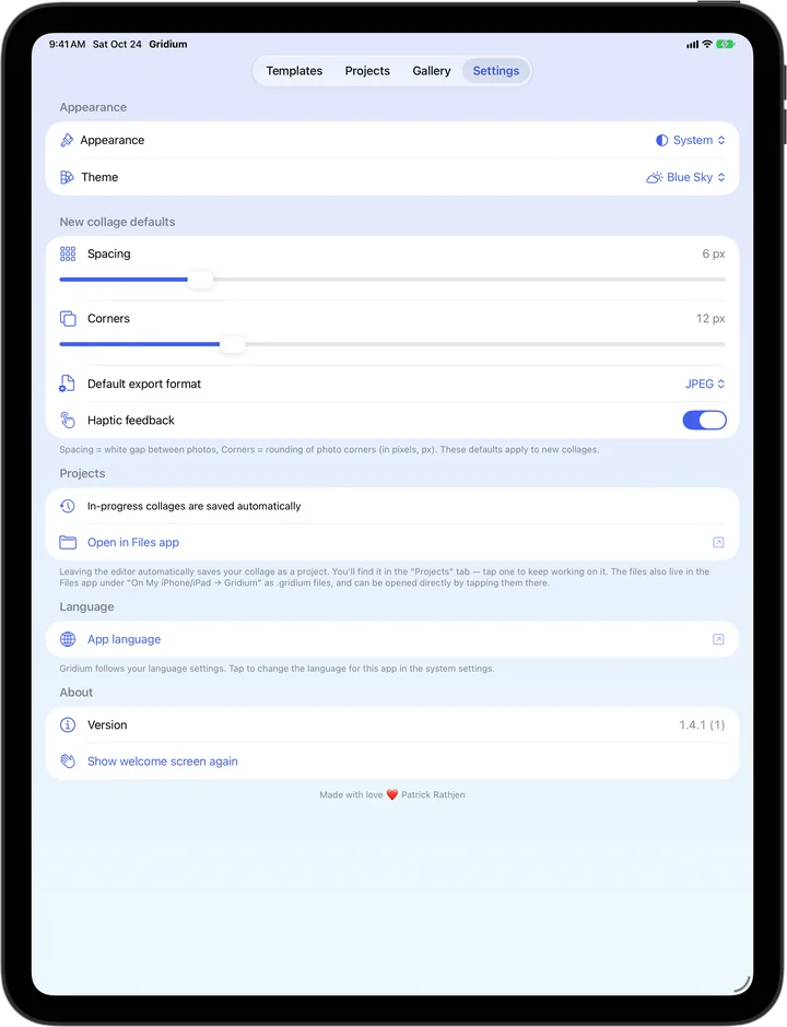 Gridium on iPad: Settings