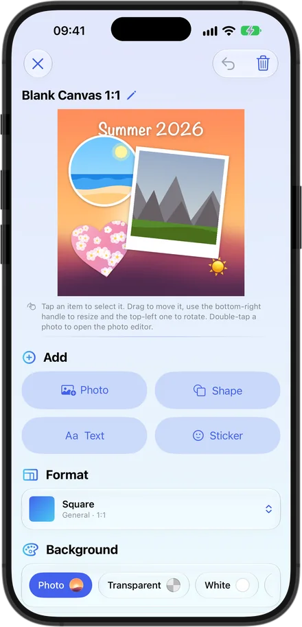 Gridium on iPhone: blank canvas with photos in a circle, heart and Polaroid