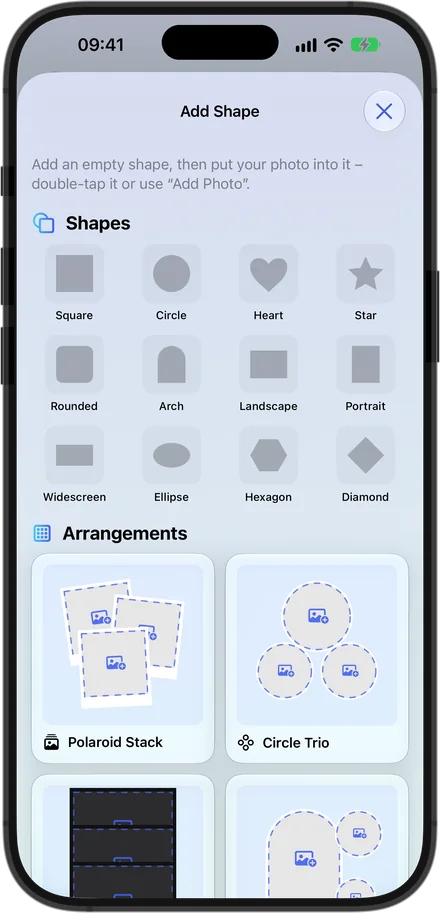 Add shape: square, circle, heart, star and arrangements