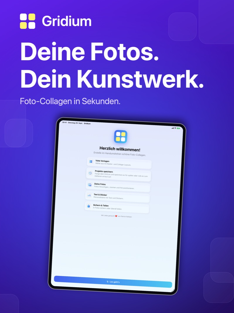 „Deine Fotos. Dein Kunstwerk.“ – Willkommensbildschirm auf dem iPad.