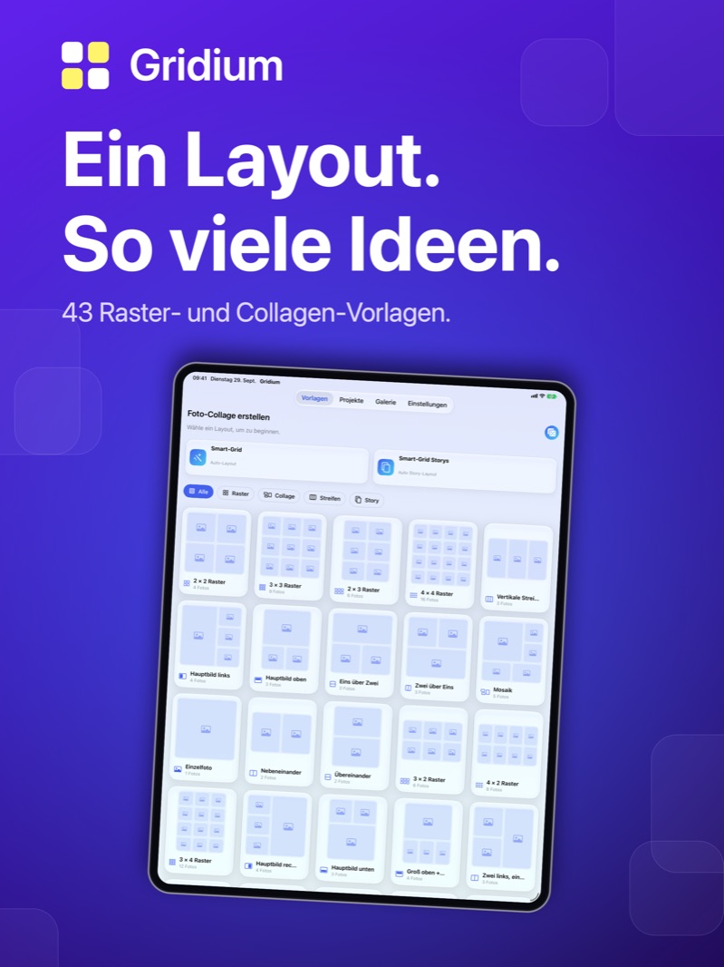 „Ein Layout. So viele Ideen.“ – Vorlagenauswahl auf dem iPad.