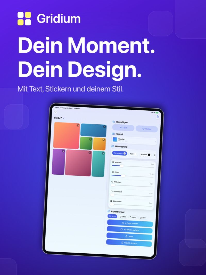 „Dein Moment. Dein Design.“ – Editor auf dem iPad: Bento-7-Collage links, Werkzeuge rechts daneben.