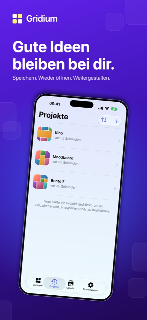 „Gute Ideen bleiben bei dir.“ – Projektliste mit automatisch gesicherten Collagen.