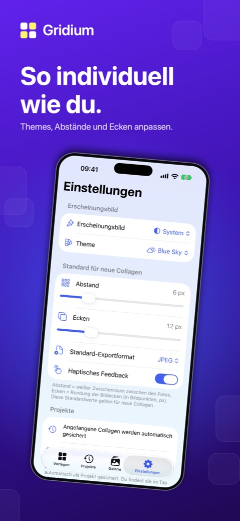 „So individuell wie du.“ – Einstellungen mit Erscheinungsbild, Farbthema, Abstand, Ecken und Exportformat.
